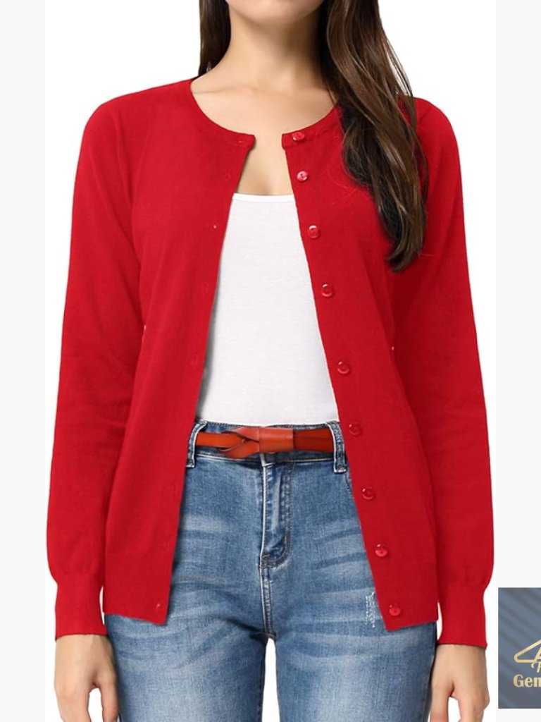 Long Sleeve Button Down Cardigan, Lightweight Knit, Crew Neck, Regular Fit